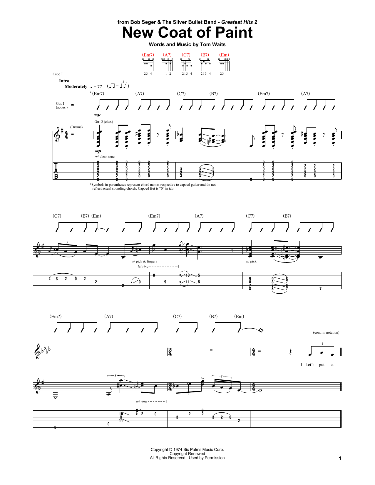 Bob Seger New Coat Of Paint Sheet Music Notes & Chords for Guitar Tab - Download or Print PDF