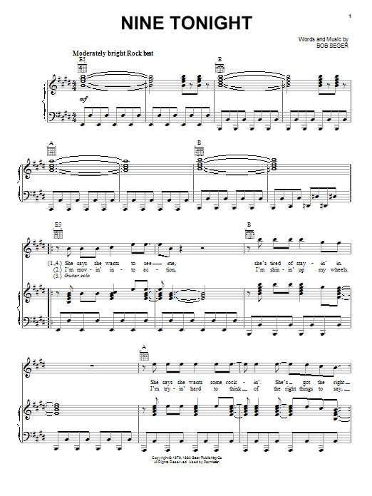 Bob Seger Nine Tonight Sheet Music Notes & Chords for Lyrics & Chords - Download or Print PDF