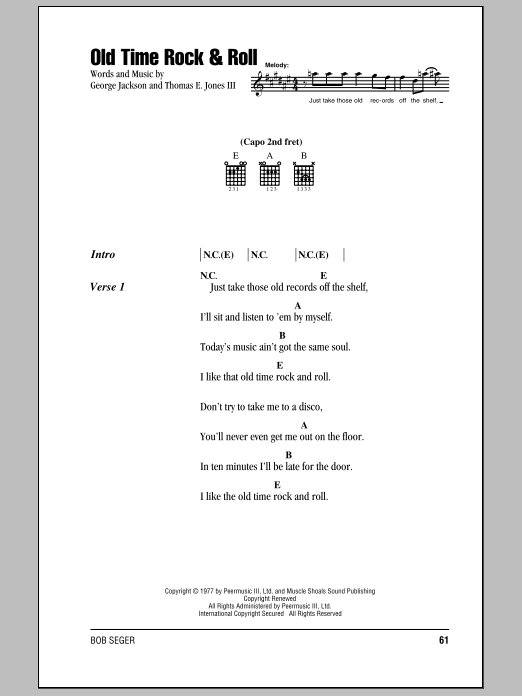 Bob Seger Old Time Rock & Roll Sheet Music Notes & Chords for Really Easy Guitar - Download or Print PDF