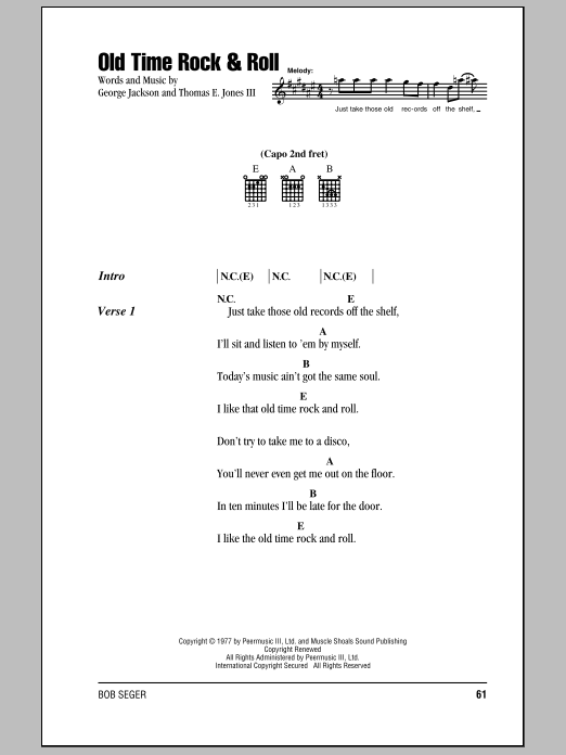 Bob Seger Old Time Rock & Roll Sheet Music Notes & Chords for Ukulele Chords/Lyrics - Download or Print PDF