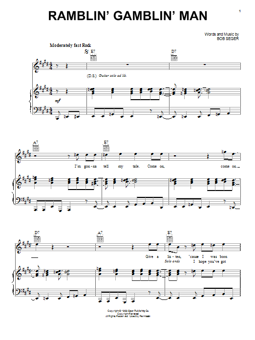 Bob Seger Ramblin' Gamblin' Man Sheet Music Notes & Chords for Piano, Vocal & Guitar (Right-Hand Melody) - Download or Print PDF