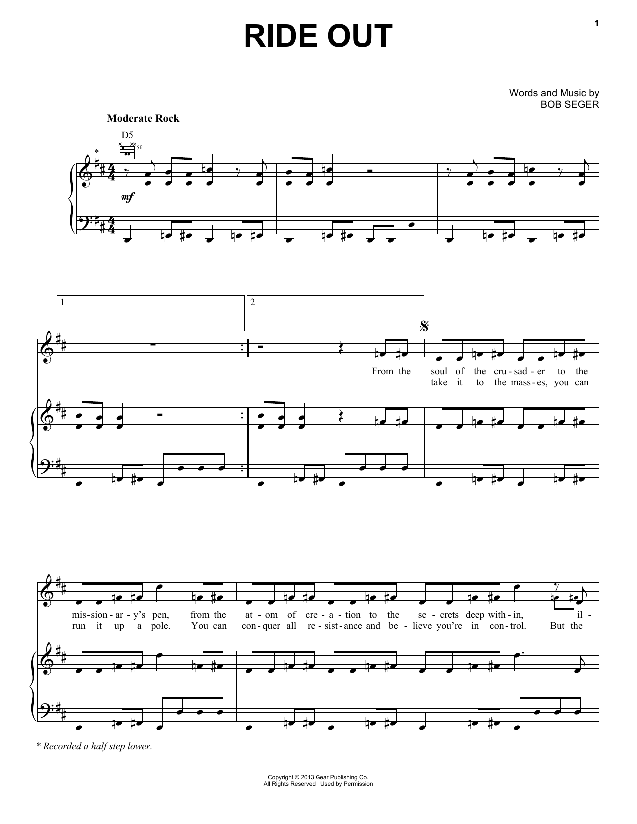 Bob Seger Ride Out Sheet Music Notes & Chords for Piano, Vocal & Guitar (Right-Hand Melody) - Download or Print PDF