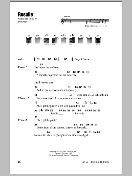 Bob Seger Rosalie Sheet Music Notes & Chords for Lyrics & Chords - Download or Print PDF Bob Seger Rosalie Sheet Music Notes & Chords for Lyrics & Chords - Download or Print PDF