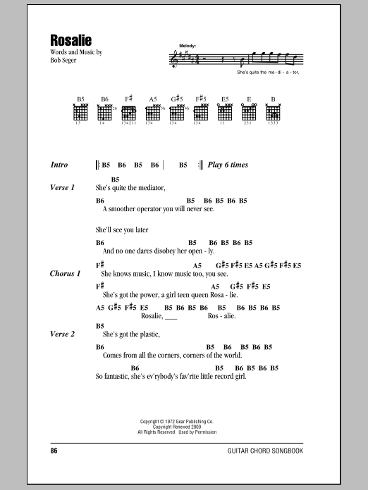 Bob Seger Rosalie Sheet Music Notes & Chords for Lyrics & Chords - Download or Print PDF