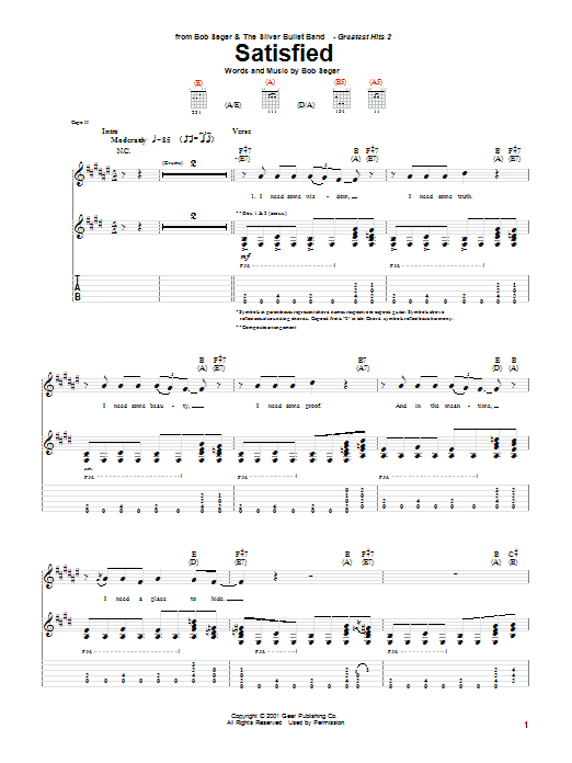 Bob Seger Satisfied Sheet Music Notes & Chords for Lyrics & Chords - Download or Print PDF