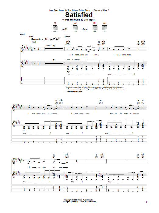 Bob Seger Satisfied Sheet Music Notes & Chords for Guitar Tab - Download or Print PDF