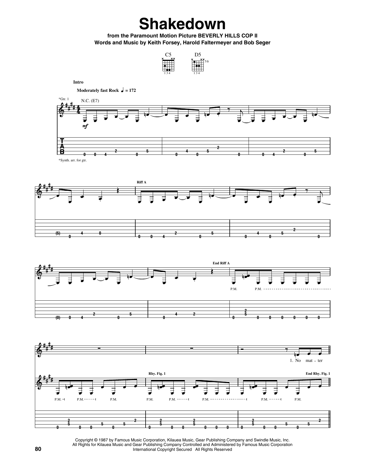 Bob Seger Shakedown (from Beverly Hills Cop II) Sheet Music Notes & Chords for Guitar Tab - Download or Print PDF
