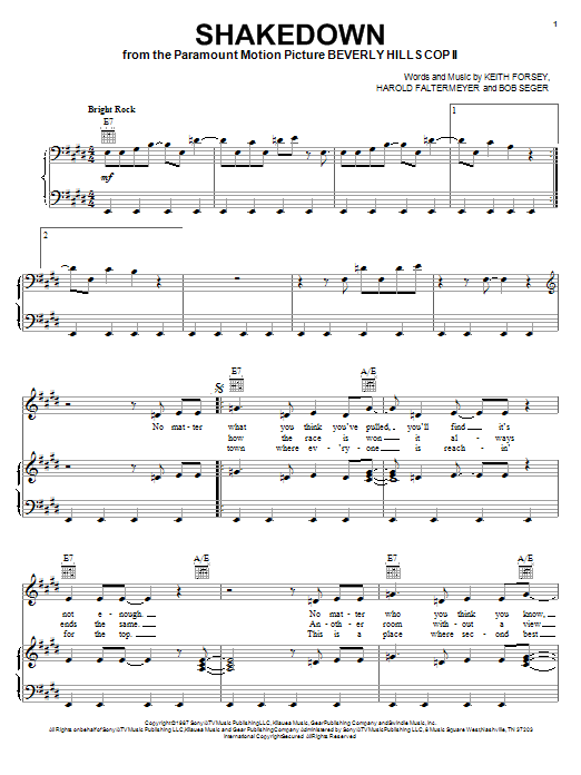 Bob Seger Shakedown Sheet Music Notes & Chords for Piano, Vocal & Guitar (Right-Hand Melody) - Download or Print PDF