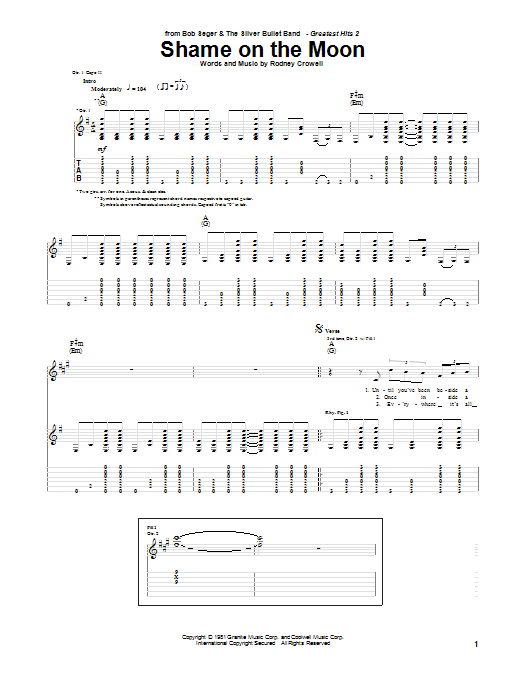 Bob Seger Shame On The Moon Sheet Music Notes & Chords for Piano, Vocal & Guitar (Right-Hand Melody) - Download or Print PDF