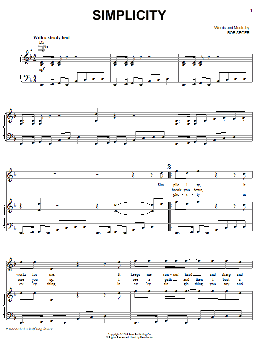 Bob Seger Simplicity Sheet Music Notes & Chords for Piano, Vocal & Guitar (Right-Hand Melody) - Download or Print PDF
