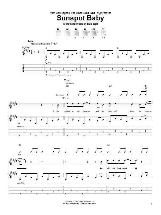 Bob Seger Sunspot Baby Sheet Music Notes & Chords for Guitar Tab (Single Guitar) - Download or Print PDF