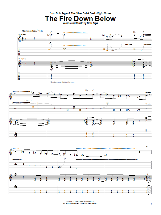 Bob Seger The Fire Down Below Sheet Music Notes & Chords for Guitar Tab (Single Guitar) - Download or Print PDF
