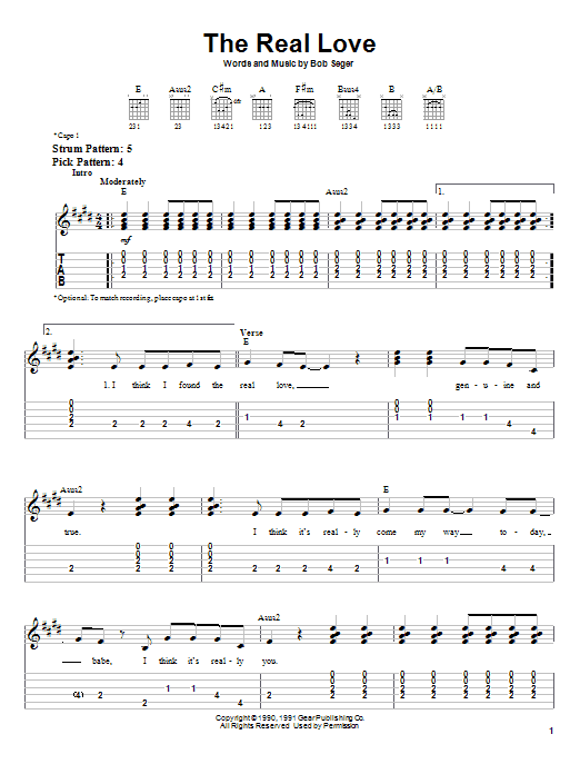 Bob Seger The Real Love Sheet Music Notes & Chords for Easy Guitar Tab - Download or Print PDF