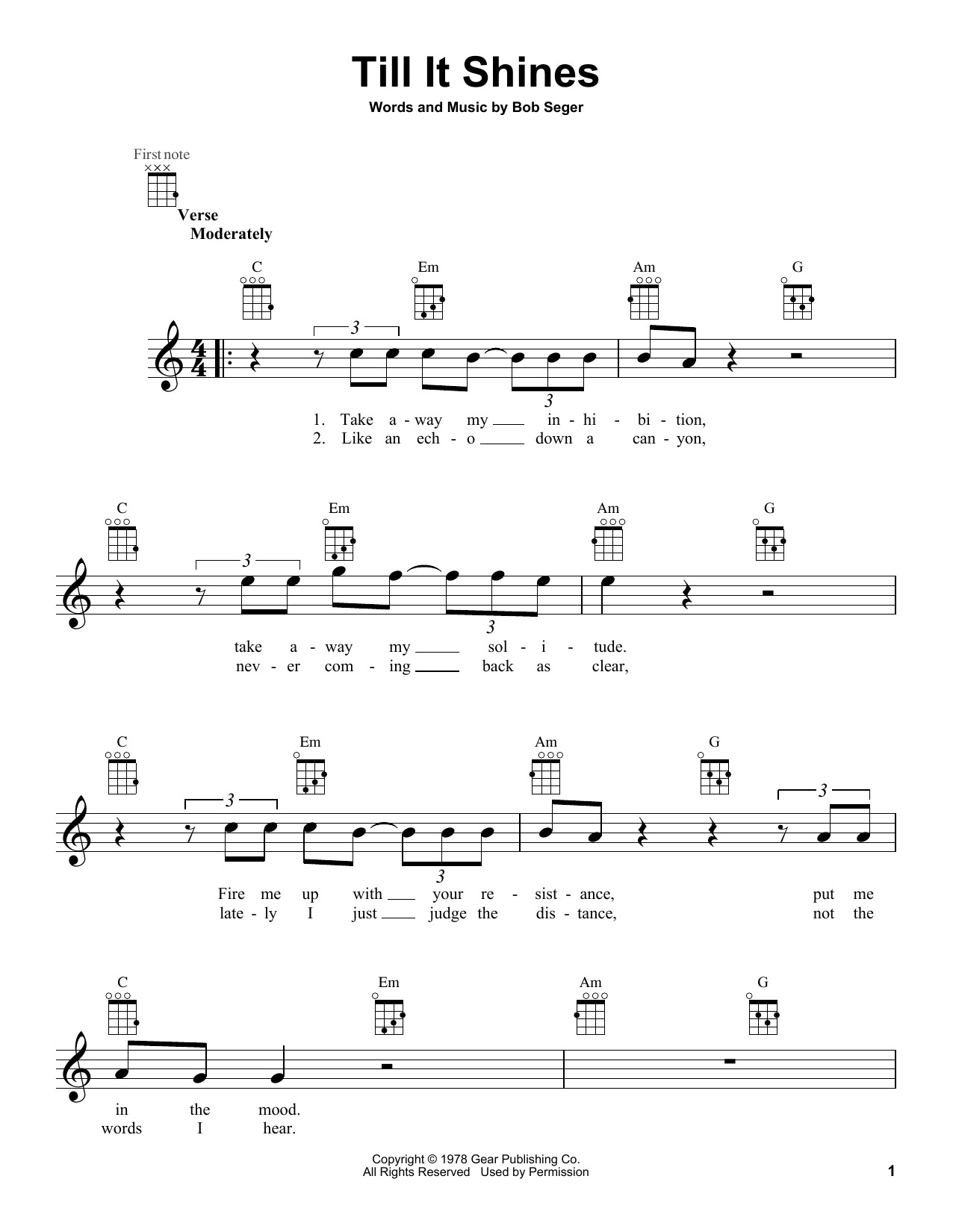 Bob Seger Till It Shines Sheet Music Notes & Chords for Ukulele - Download or Print PDF