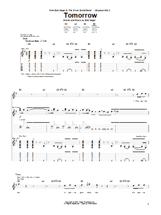 Bob Seger Tomorrow Sheet Music Notes & Chords for Piano, Vocal & Guitar (Right-Hand Melody) - Download or Print PDF