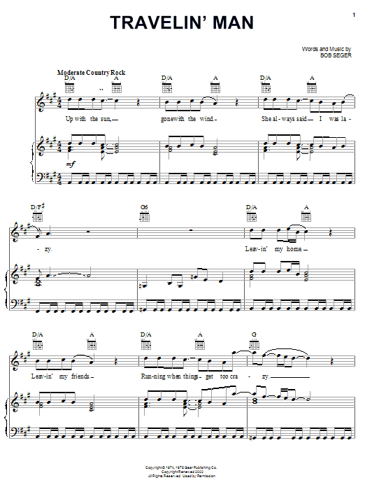 Bob Seger Travelin' Man Sheet Music Notes & Chords for Lyrics & Chords - Download or Print PDF Bob Seger Travelin' Man Sheet Music Notes & Chords for Lyrics & Chords - Download or Print PDF