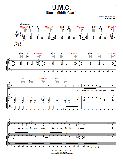 Bob Seger U.M.C. (Upper Middle Class) Sheet Music Notes & Chords for Piano, Vocal & Guitar (Right-Hand Melody) - Download or Print PDF