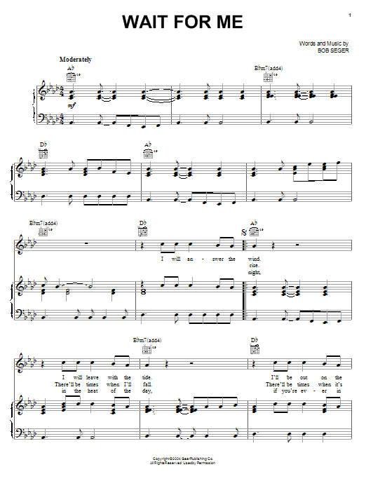 Bob Seger Wait For Me Sheet Music Notes & Chords for Piano, Vocal & Guitar (Right-Hand Melody) - Download or Print PDF