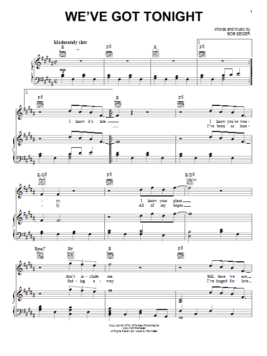 Bob Seger We've Got Tonight Sheet Music Notes & Chords for Guitar Chords/Lyrics - Download or Print PDF