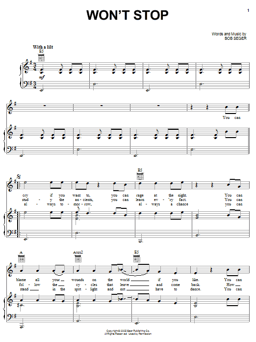 Bob Seger Won't Stop Sheet Music Notes & Chords for Piano, Vocal & Guitar (Right-Hand Melody) - Download or Print PDF