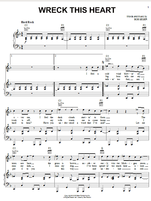 Bob Seger Wreck This Heart Sheet Music Notes & Chords for Lyrics & Chords - Download or Print PDF