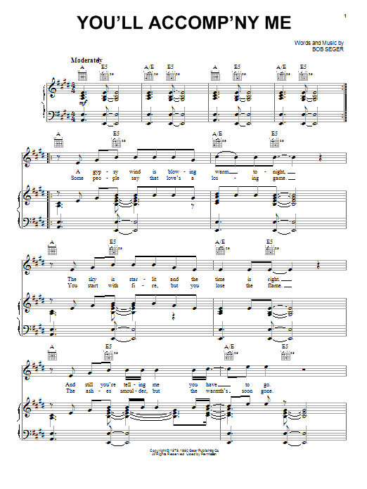Bob Seger You'll Accomp'ny Me Sheet Music Notes & Chords for Easy Guitar Tab - Download or Print PDF