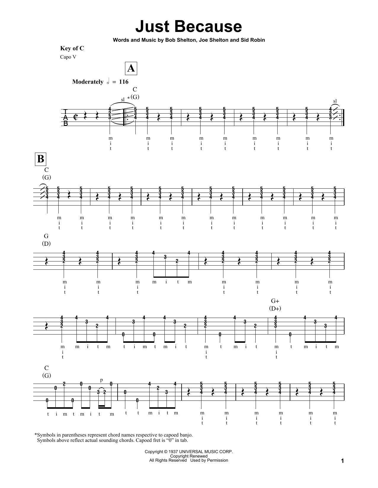 Bob Shelton Just Because Sheet Music Notes & Chords for Banjo - Download or Print PDF