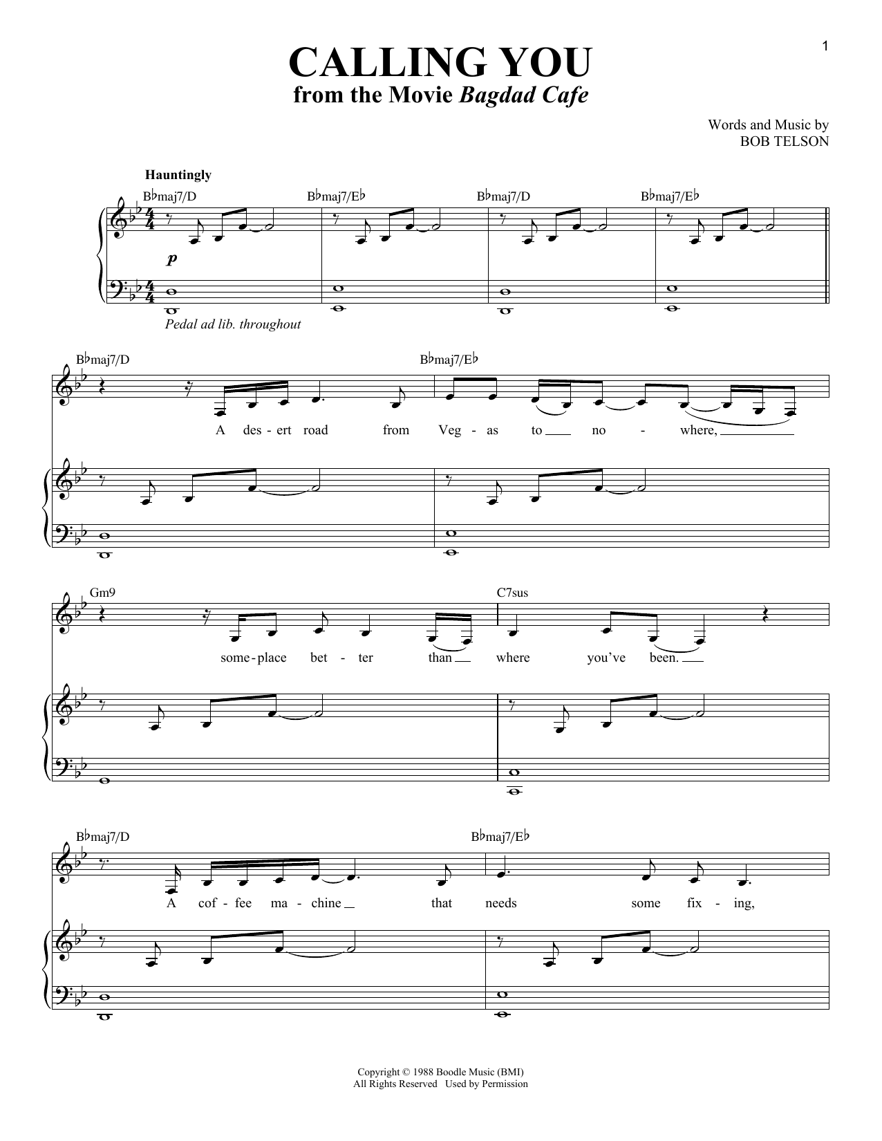 Bob Telson Calling You (from Bagdad Cafe) Sheet Music Notes & Chords for Piano & Vocal - Download or Print PDF