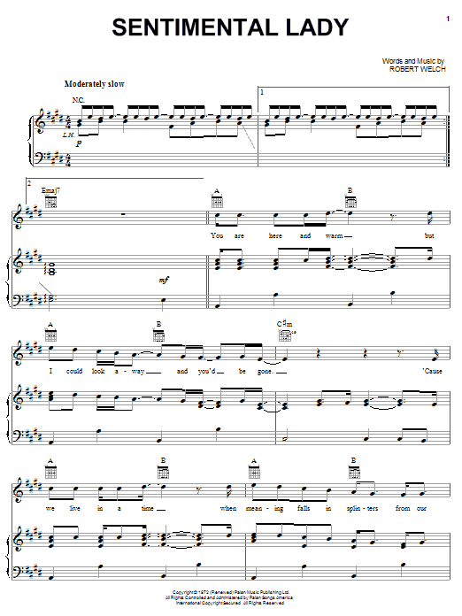 Bob Welch Sentimental Lady Sheet Music Notes & Chords for Melody Line, Lyrics & Chords - Download or Print PDF