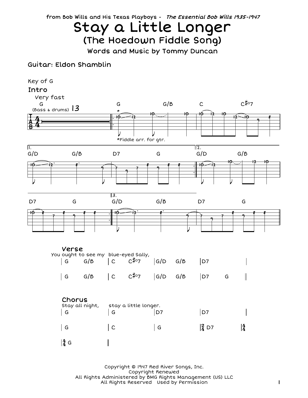 Bob Wills Stay A Little Longer (The Hoedown Fiddle Song) Sheet Music Notes & Chords for Guitar Tab - Download or Print PDF