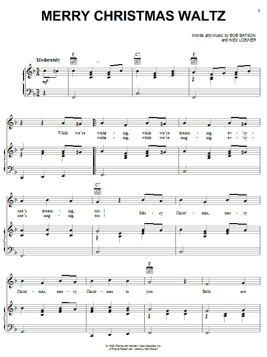 Preview Bob Batson Merry Christmas Waltz Christmas sheet music, notes and chords for Piano, Vocal & Guitar (Right-Hand Melody), SKU: 24305 sheet music, piano notes, chords, guitar tabs, score, transpose, transcribe, how to play, guide, download, learn, tutorial, progression, song, artist, awards, billboard, mtv, vh1, tour, single, album, release