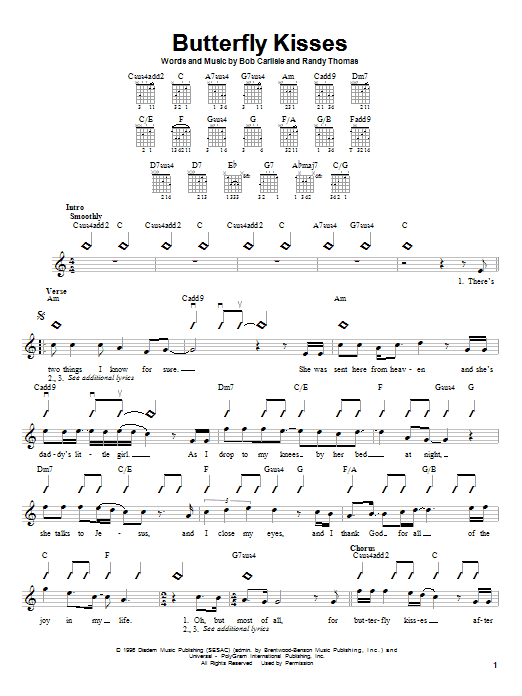 Preview Bob Carlisle Butterfly Kisses Country sheet music, notes and chords for Easy Guitar, SKU: 72079 Butterfly Kisses sheet music