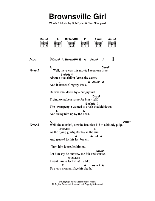 Preview Bob Dylan Brownsville Girl Rock sheet music, notes and chords for Piano, Vocal & Guitar (Right-Hand Melody), SKU: 33819 Brownsville Girl sheet music