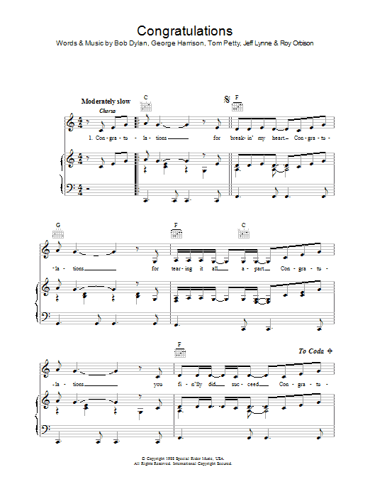 Preview Bob Dylan Congratulations Rock sheet music, notes and chords for Piano, Vocal & Guitar (Right-Hand Melody), SKU: 34191 Congratulations sheet music