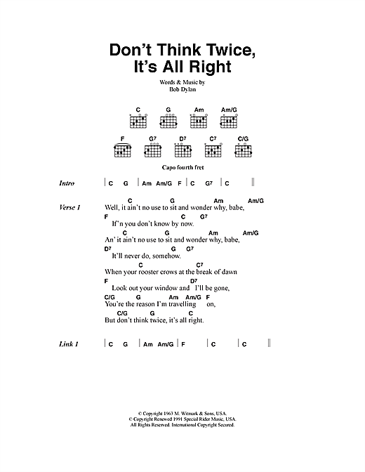 Bob Dylan Don T Think Twice It S All Right Sheet Music Download Pdf Score