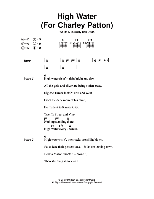 Preview Bob Dylan High Water (For Charley Patton) Rock sheet music, notes and chords for Piano, Vocal & Guitar (Right-Hand Melody), SKU: 19193 High Water (For Charley Patton) sheet music