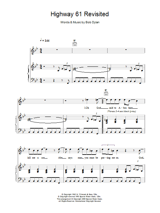 Preview Bob Dylan Highway 61 Revisited Rock sheet music, notes and chords for Piano, Vocal & Guitar, SKU: 13788 Highway 61 Revisited sheet music