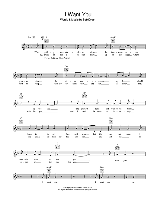 Preview Bob Dylan I Want You Rock sheet music, notes and chords for Piano, Vocal & Guitar (Right-Hand Melody), SKU: 33844 I Want You sheet music