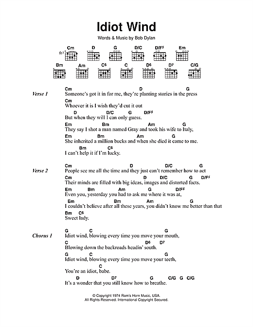 Preview Bob Dylan Idiot Wind Rock sheet music, notes and chords for Piano, Vocal & Guitar (Right-Hand Melody), SKU: 33840 Idiot Wind sheet music