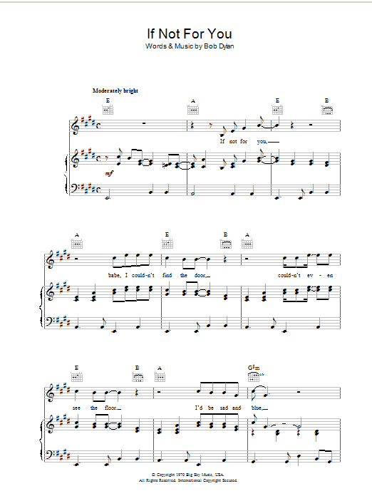 Preview Bob Dylan If Not For You Rock sheet music, notes and chords for Piano, Vocal & Guitar (Right-Hand Melody), SKU: 33841 If Not For You sheet music