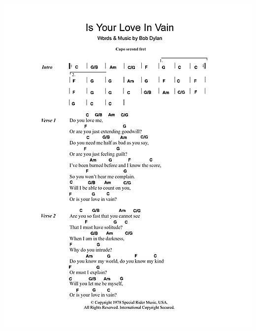 Preview Bob Dylan Is Your Love In Vain Rock sheet music, notes and chords for Piano, Vocal & Guitar (Right-Hand Melody), SKU: 33836 Is Your Love In Vain sheet music