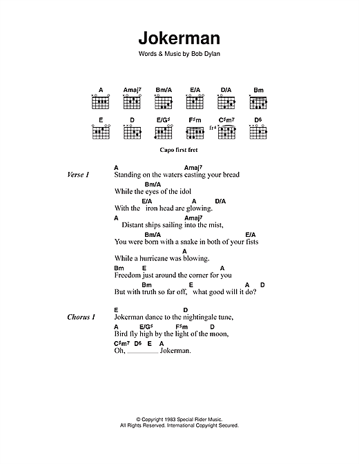 Preview Bob Dylan Jokerman Rock sheet music, notes and chords for Piano, Vocal & Guitar (Right-Hand Melody), SKU: 33837 Jokerman sheet music