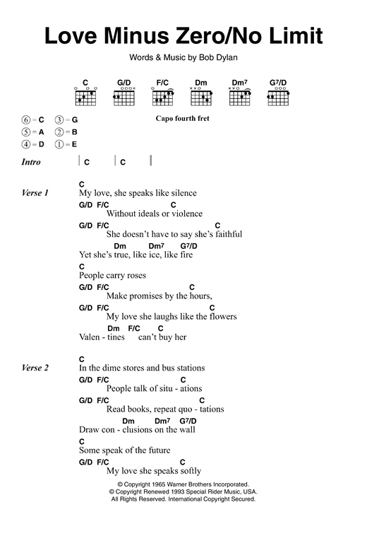 Preview Bob Dylan Love Minus Zero/No Limit Rock sheet music, notes and chords for Piano, Vocal & Guitar (Right-Hand Melody), SKU: 33817 Love Minus Zero/No Limit sheet music