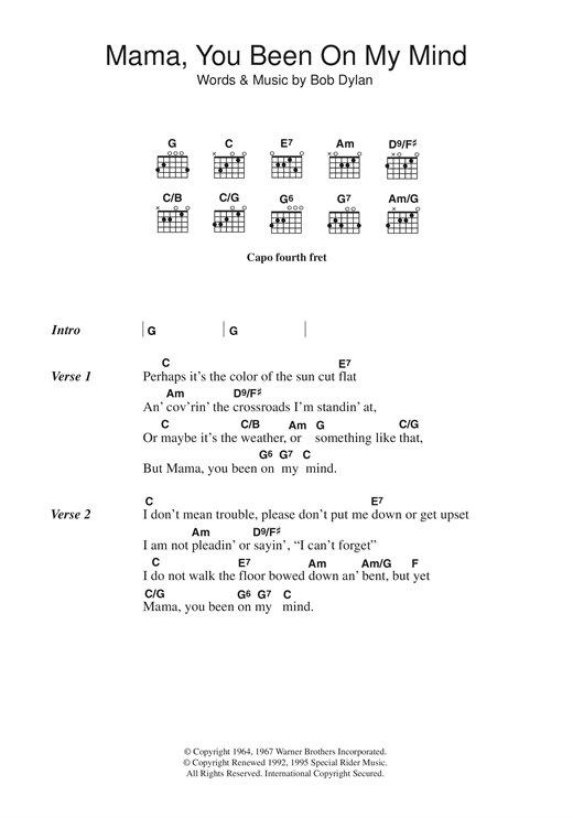 Bob Dylan Mama, You Been On My Mind Sheet Music Notes & Chords for Ukulele Lyrics & Chords - Download or Print PDF