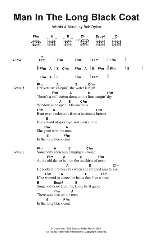 Preview Bob Dylan Man In The Long Black Coat Rock sheet music, notes and chords for Piano, Vocal & Guitar (Right-Hand Melody), SKU: 33835 Man In The Long Black Coat sheet music