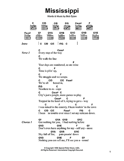 Preview Bob Dylan Mississippi Rock sheet music, notes and chords for Piano, Vocal & Guitar (Right-Hand Melody), SKU: 19203 sheet music, piano notes, chords, guitar tabs, score, transpose, transcribe, how to play, guide, download, learn, tutorial, progression, song, artist, awards, billboard, mtv, vh1, tour, single, album, release