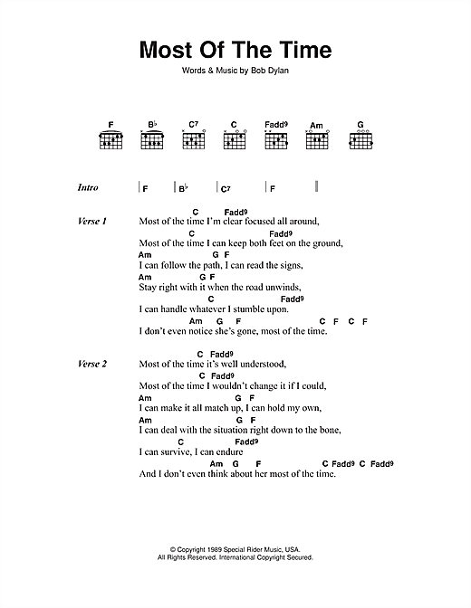 Preview Bob Dylan Most Of The Time Film and TV sheet music, notes and chords for Piano, Vocal & Guitar (Right-Hand Melody), SKU: 18011 sheet music, piano notes, chords, guitar tabs, score, transpose, transcribe, how to play, guide, download, learn, tutorial, progression, song, artist, awards, billboard, mtv, vh1, tour, single, album, release
