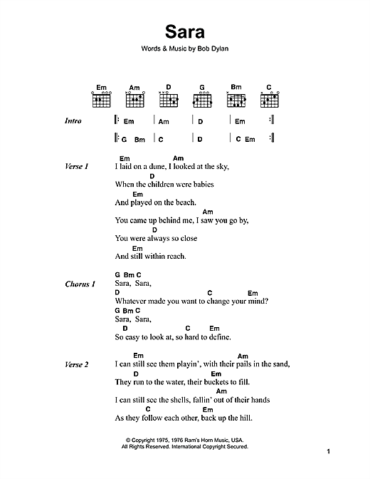 Preview Bob Dylan Sara Rock sheet music, notes and chords for Piano, Vocal & Guitar (Right-Hand Melody), SKU: 34207 Sara sheet music