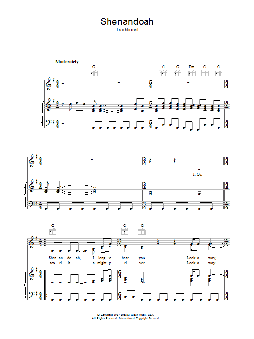 Preview Bob Dylan Shenandoah Rock sheet music, notes and chords for Piano, Vocal & Guitar (Right-Hand Melody), SKU: 34216 Shenandoah sheet music