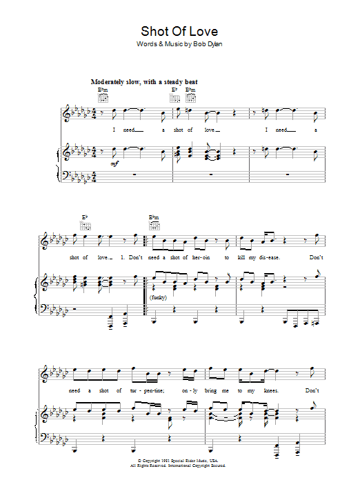 Preview Bob Dylan Shot Of Love Rock sheet music, notes and chords for Piano, Vocal & Guitar (Right-Hand Melody), SKU: 34214 Shot Of Love sheet music